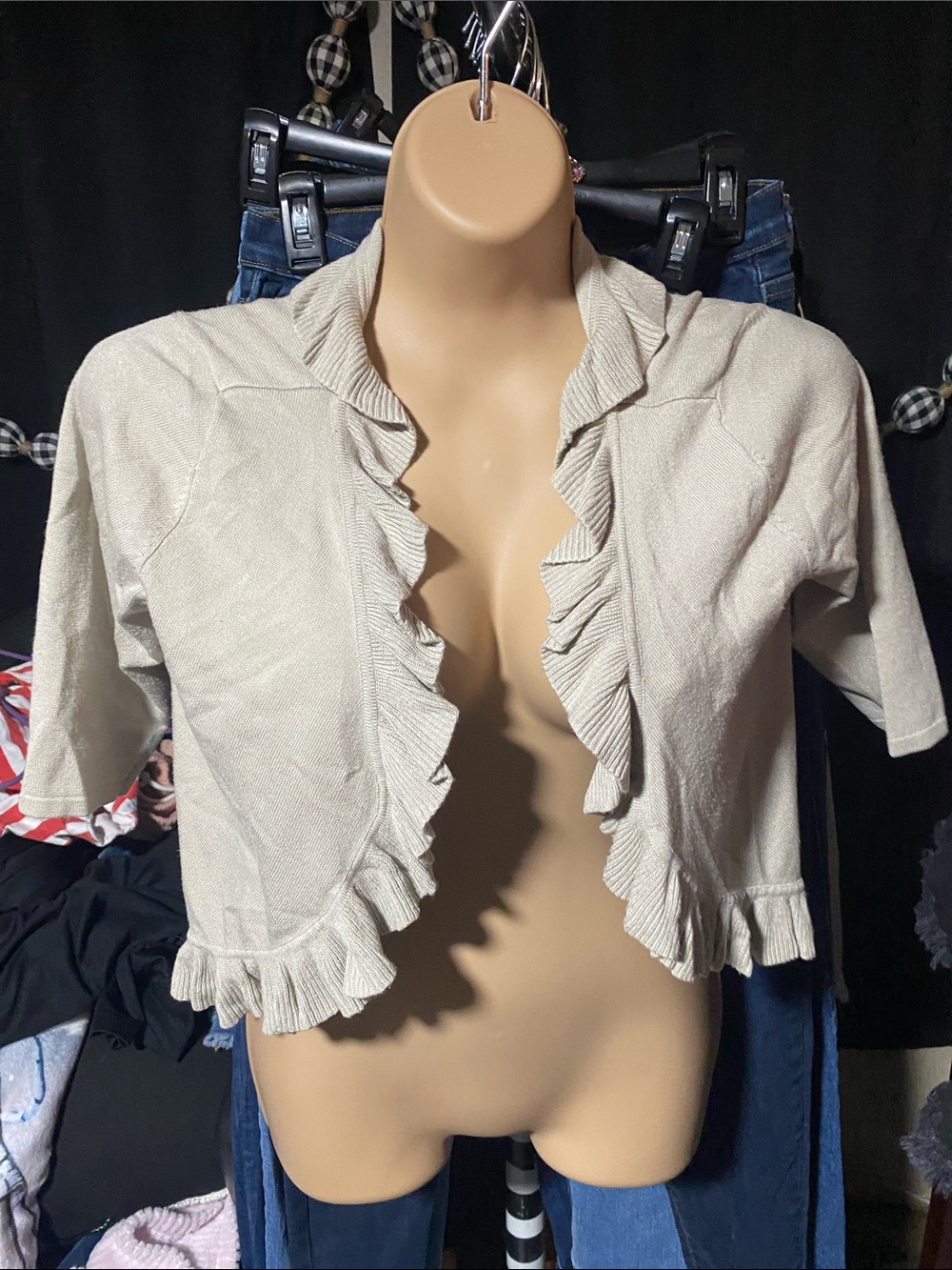 Short Ruffle-Trim Cropped Cardigan - Cream